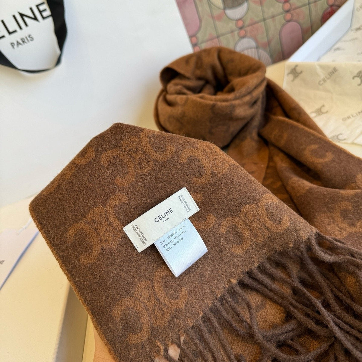 Celine Brown Patterned Fringed Scarf — detail