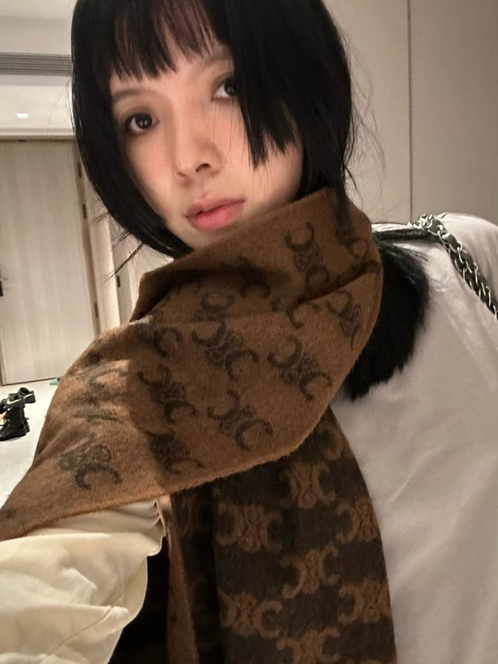 Celine Brown Patterned Fringed Scarf — model