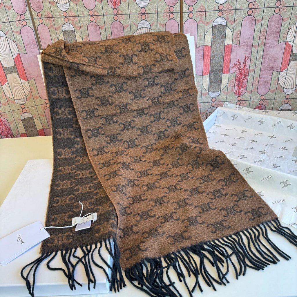 CELINE Brown Monogram Fringed Scarf — front