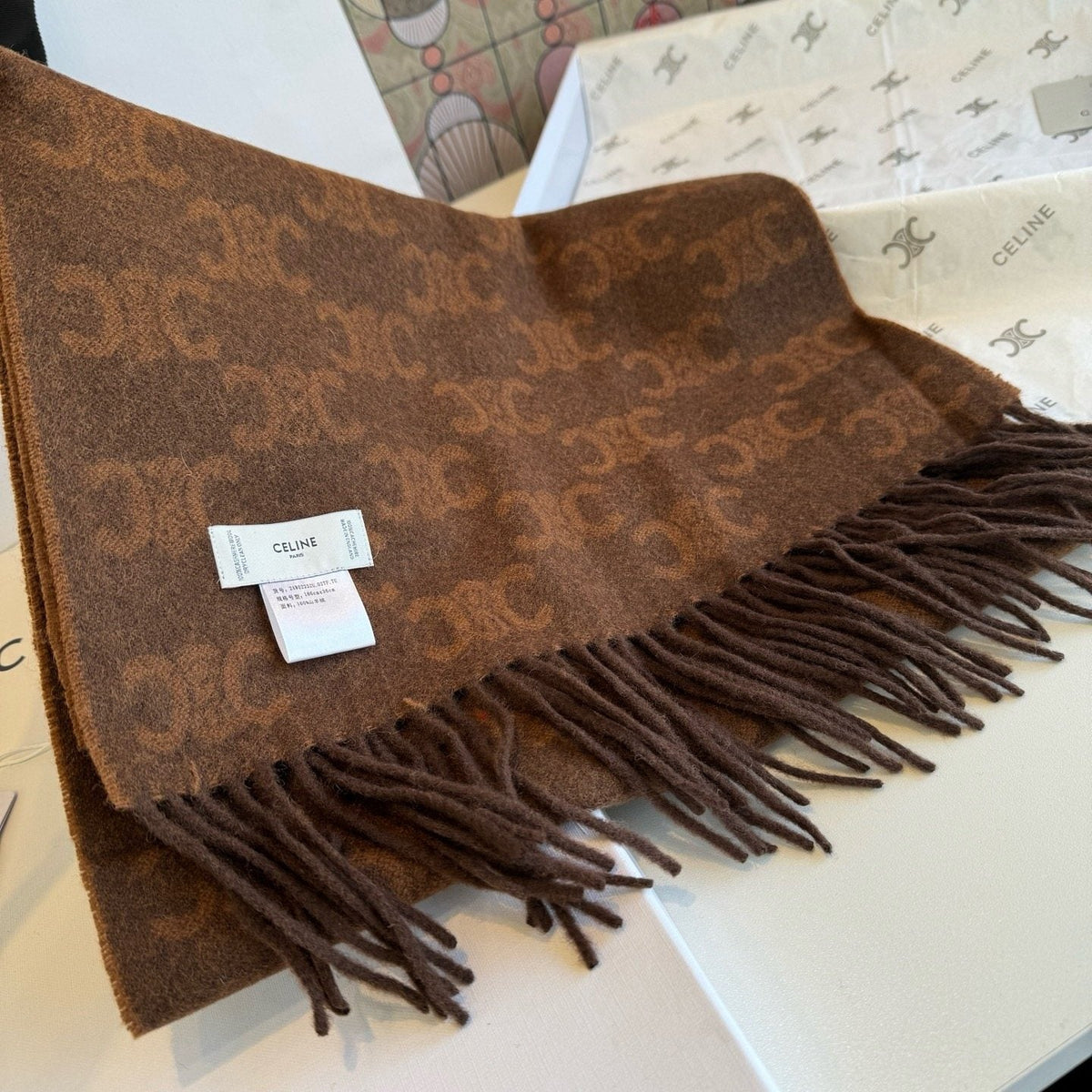 CELINE Brown Monogram Fringed Scarf — front