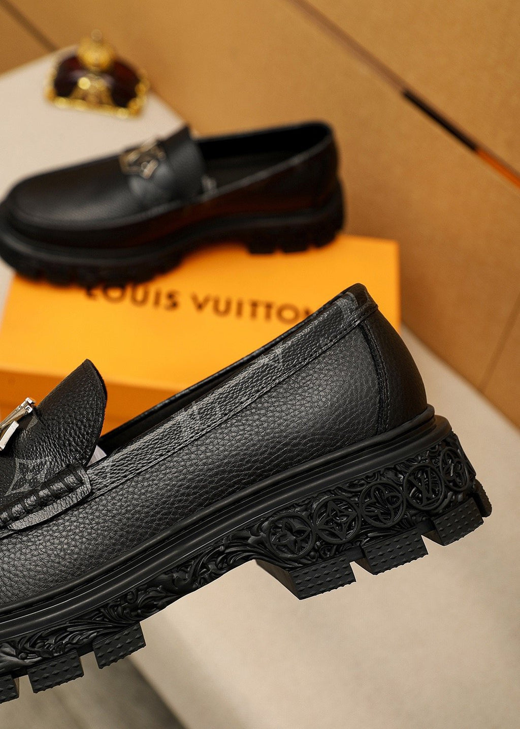 Louis Vuitton Black Textured Lug Sole Loafers — detail