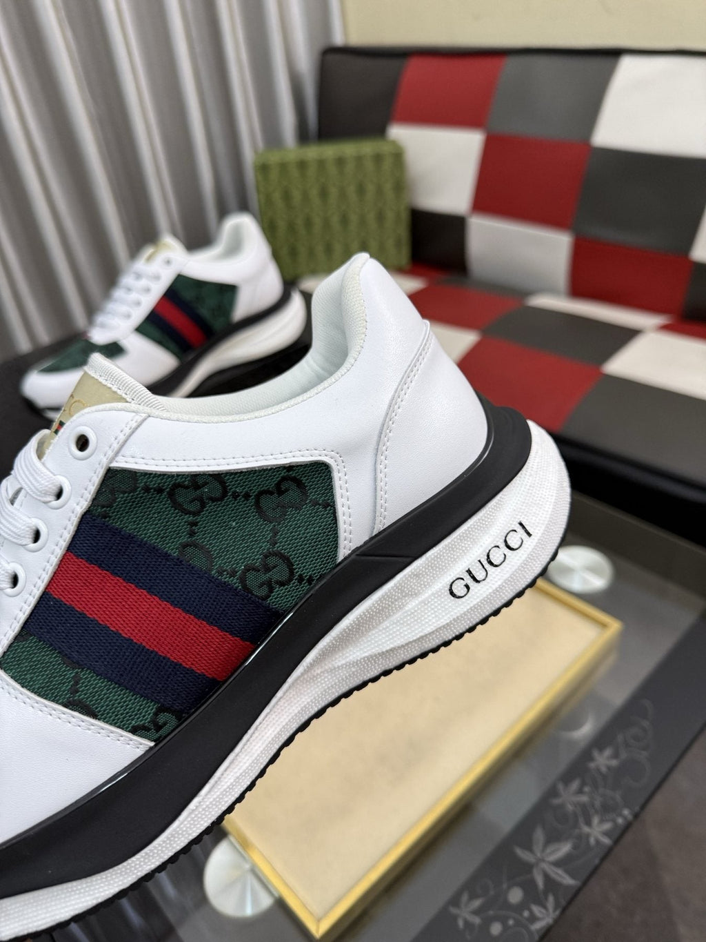 Gucci Men's Monogram Stripe Low-Top Sneakers — detail