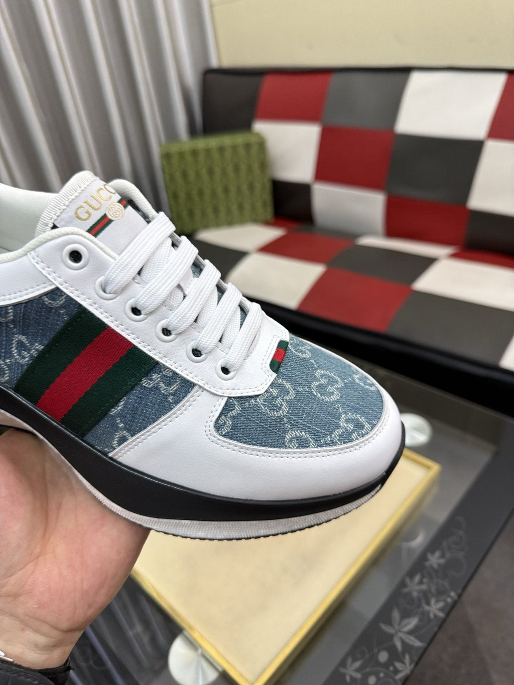Gucci Men's Monogram Stripe Low-Top Sneakers — detail