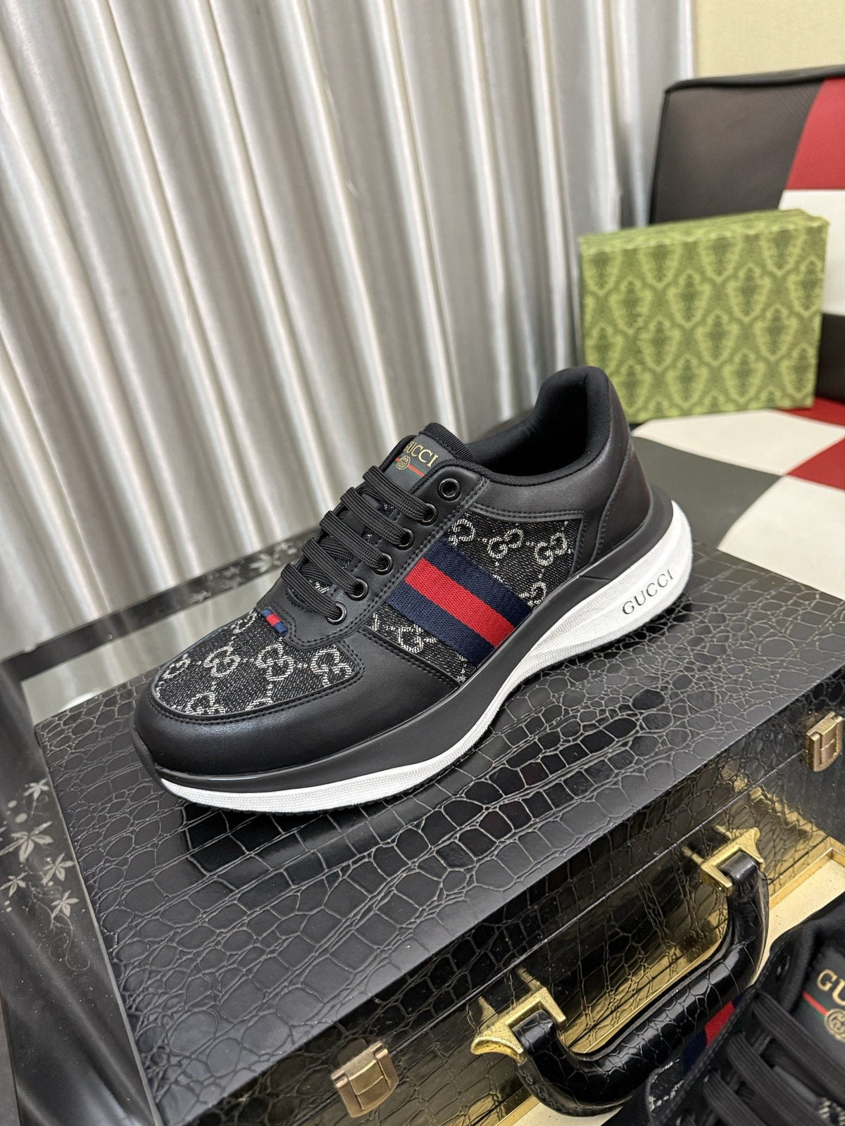Gucci Men's Monogram Stripe Low-Top Sneakers — hero