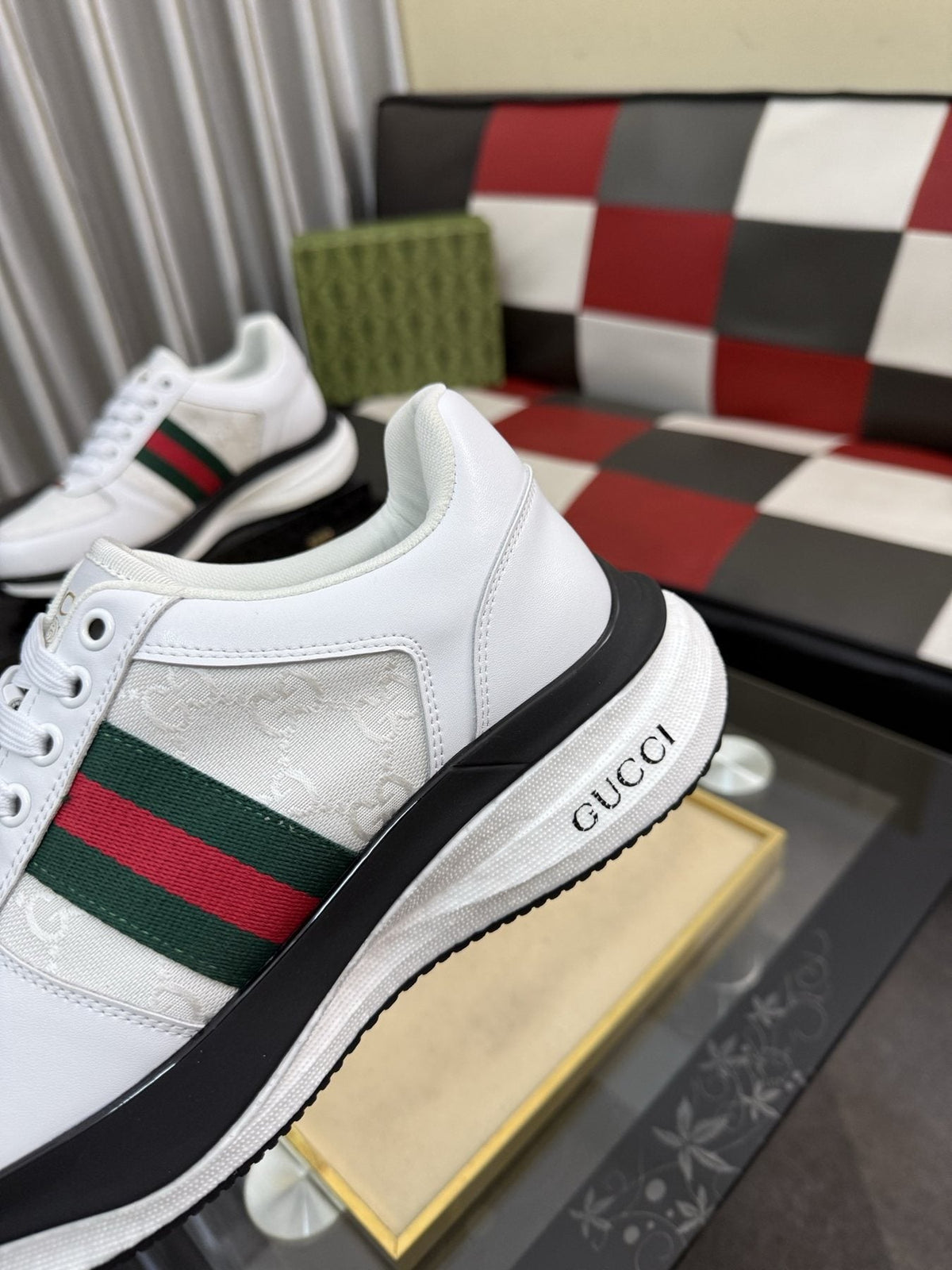 Gucci Men's Monogram Stripe Low-Top Sneakers — detail