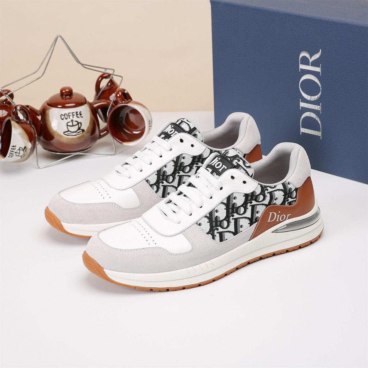 Dior White, Black & Tan Low-Top Sneakers — hero