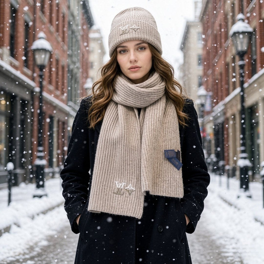 Louis Vuitton Rib-Knit Scarf & Beanie Set — model