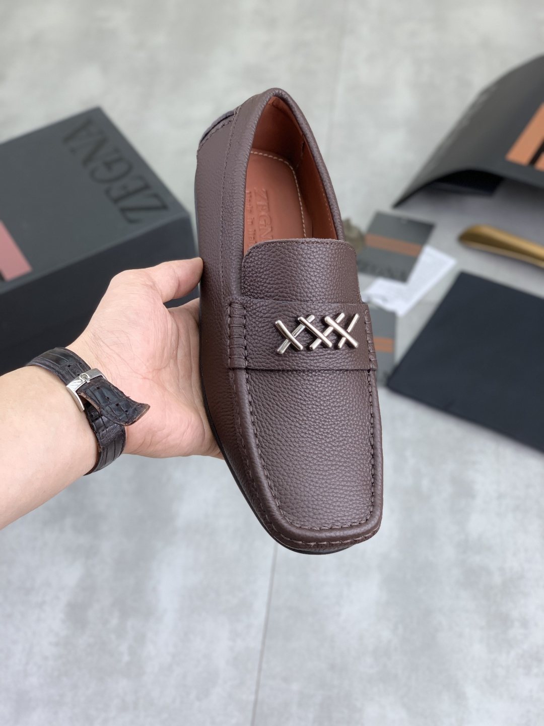 Zegna Square-Toe Leather Loafers with X Accents — model