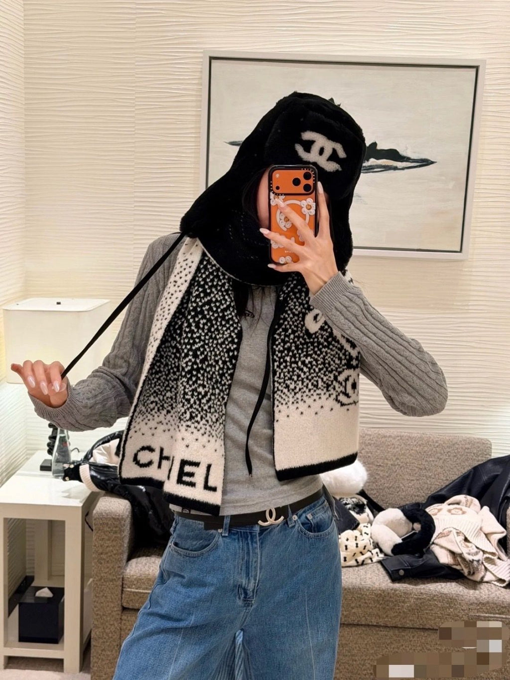 Chanel Black & Cream Logo Knit Scarf — model