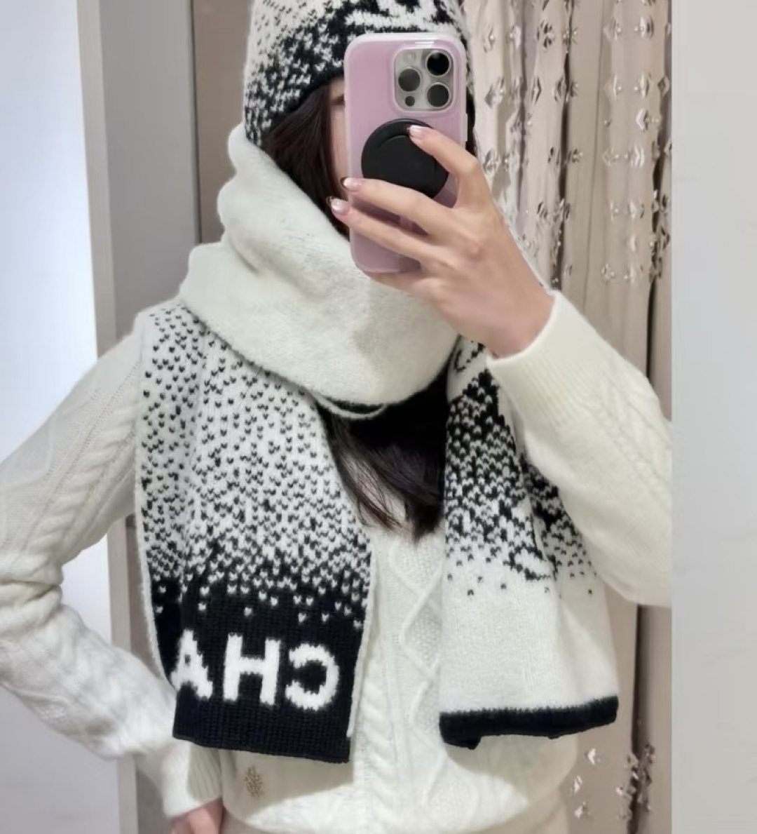Chanel Black & Cream Logo Knit Scarf — model