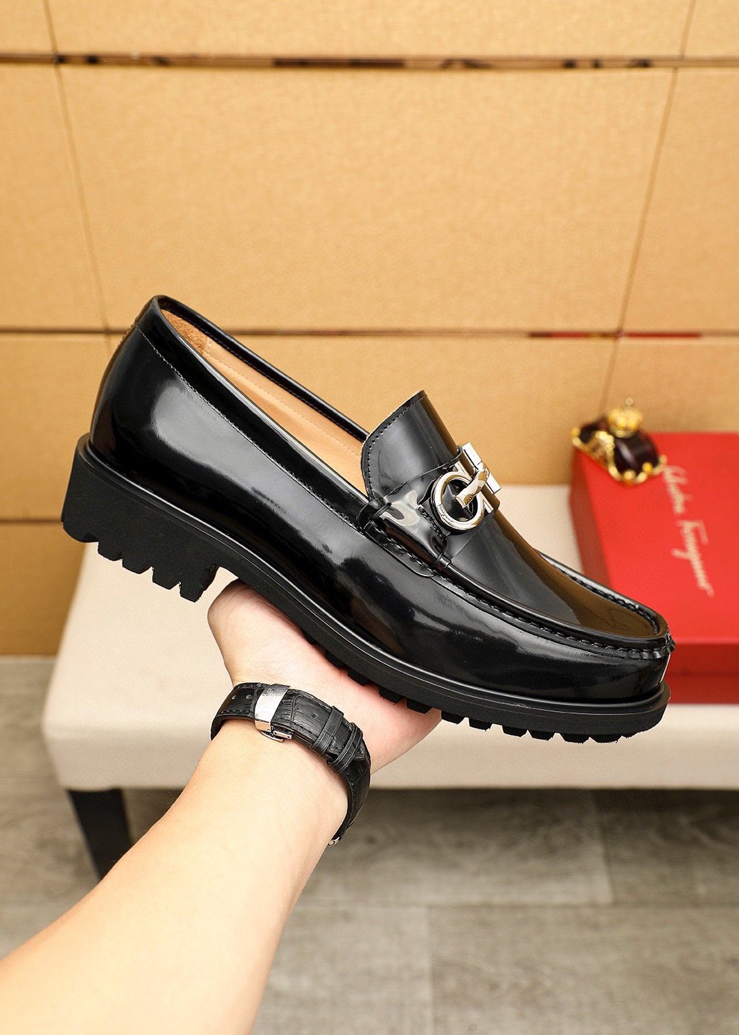 Ferragamo Black Metal-Hardware Loafers — side