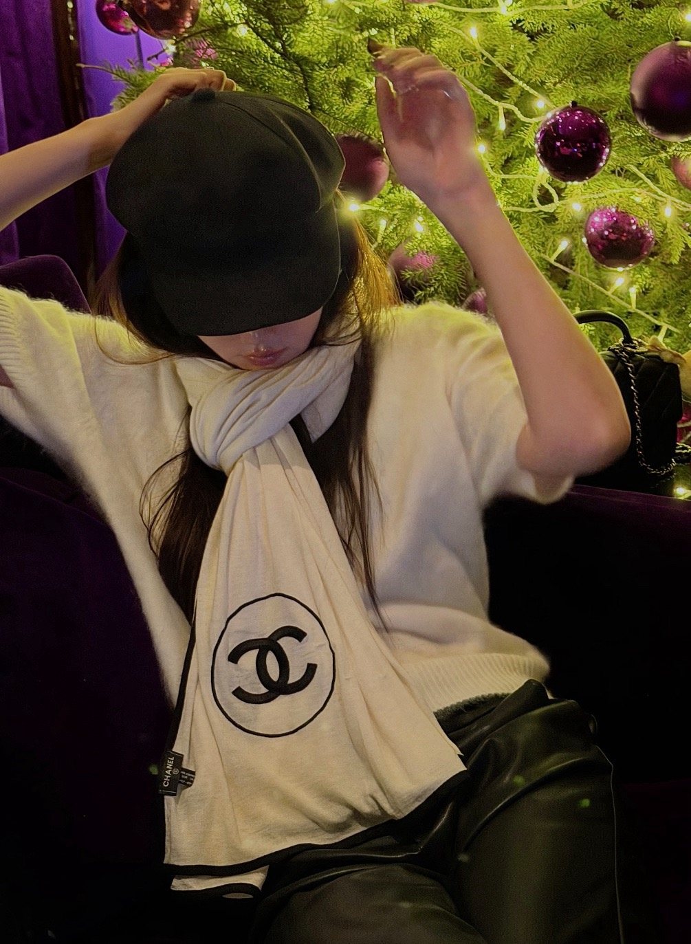 Chanel Contrast-Trim Logo Scarf — model