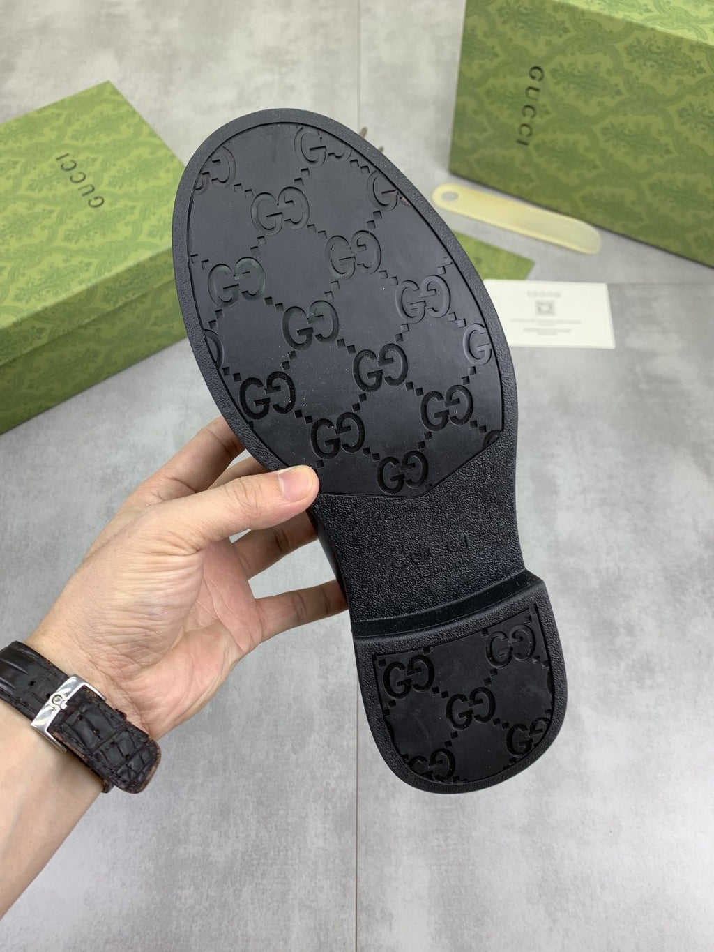 Gucci Black Embossed-Toe Loafers — detail