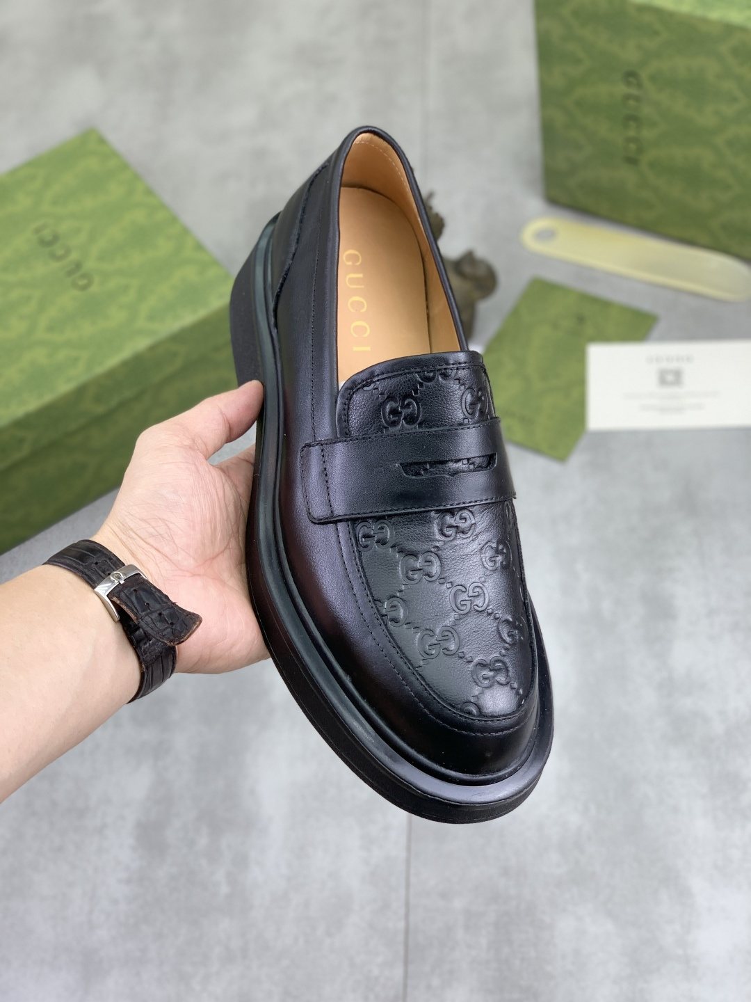 Gucci Black Embossed-Toe Loafers — front