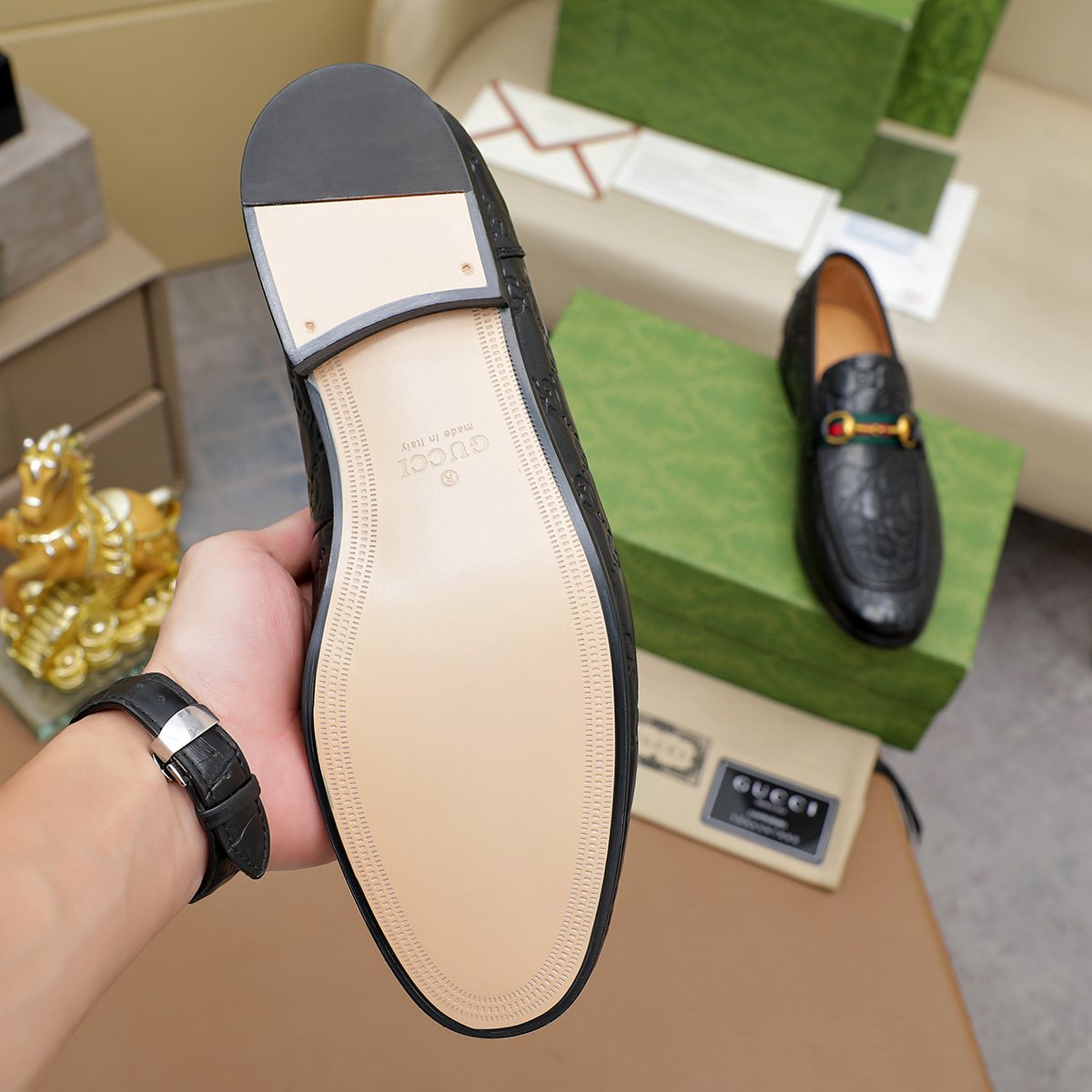 Gucci Patterned Metal-Bit Loafers — detail