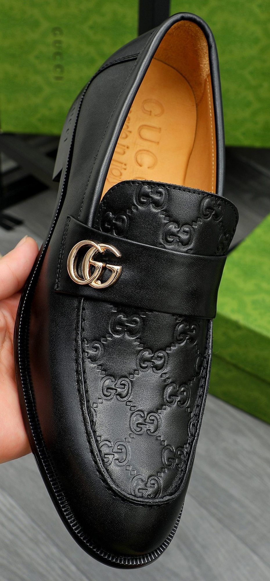 Gucci Black Embossed Loafers with Gold-Tone Detail — hero