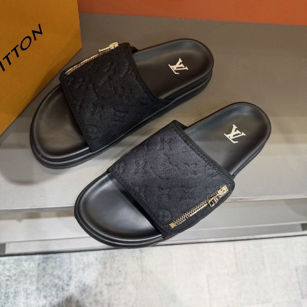 Louis Vuitton Embossed Zip Slide Sandals — front