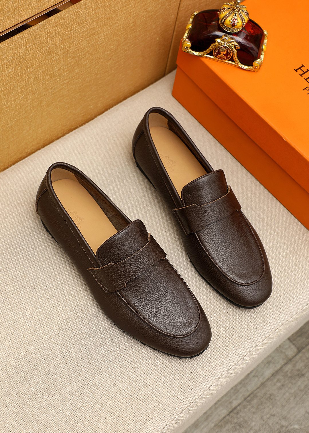 Hermès Pebbled Leather Loafers — front
