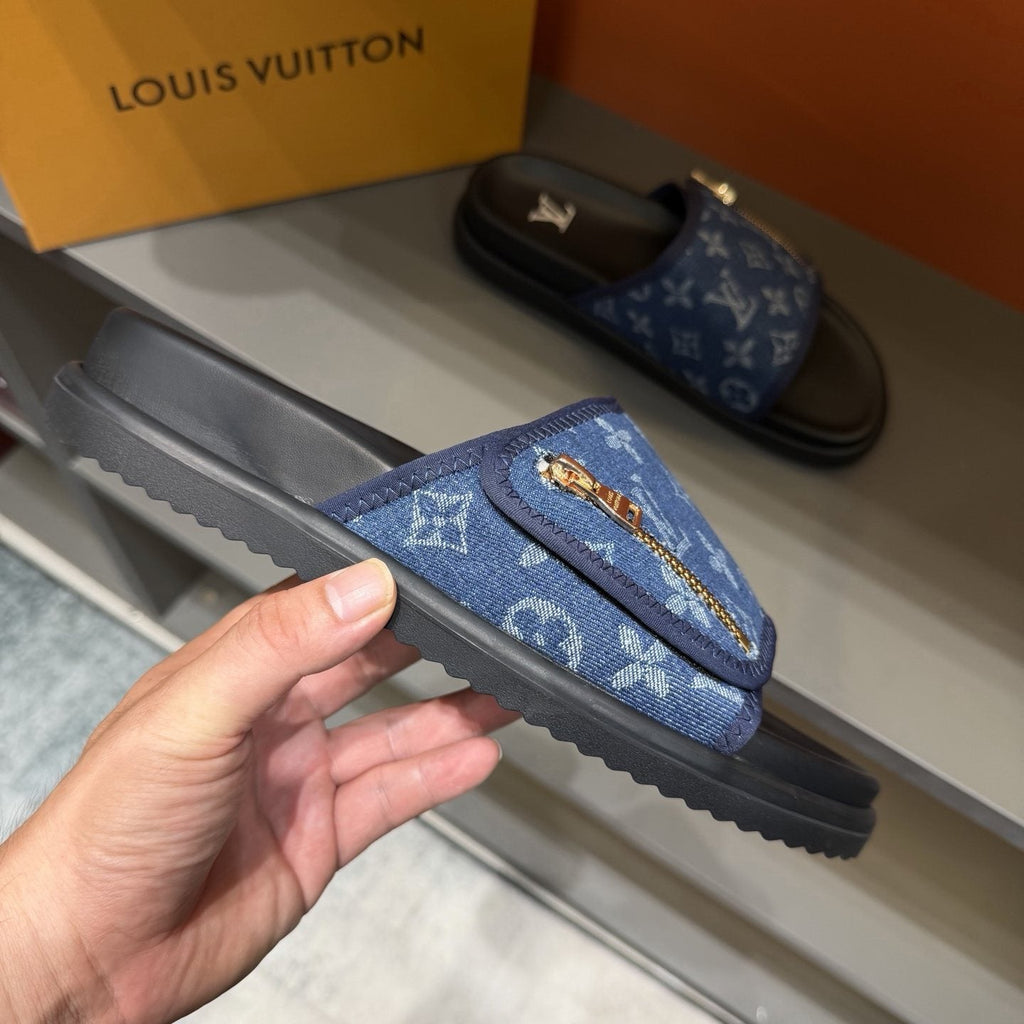 Louis Vuitton Blue Monogram Strap Slide Sandals — side