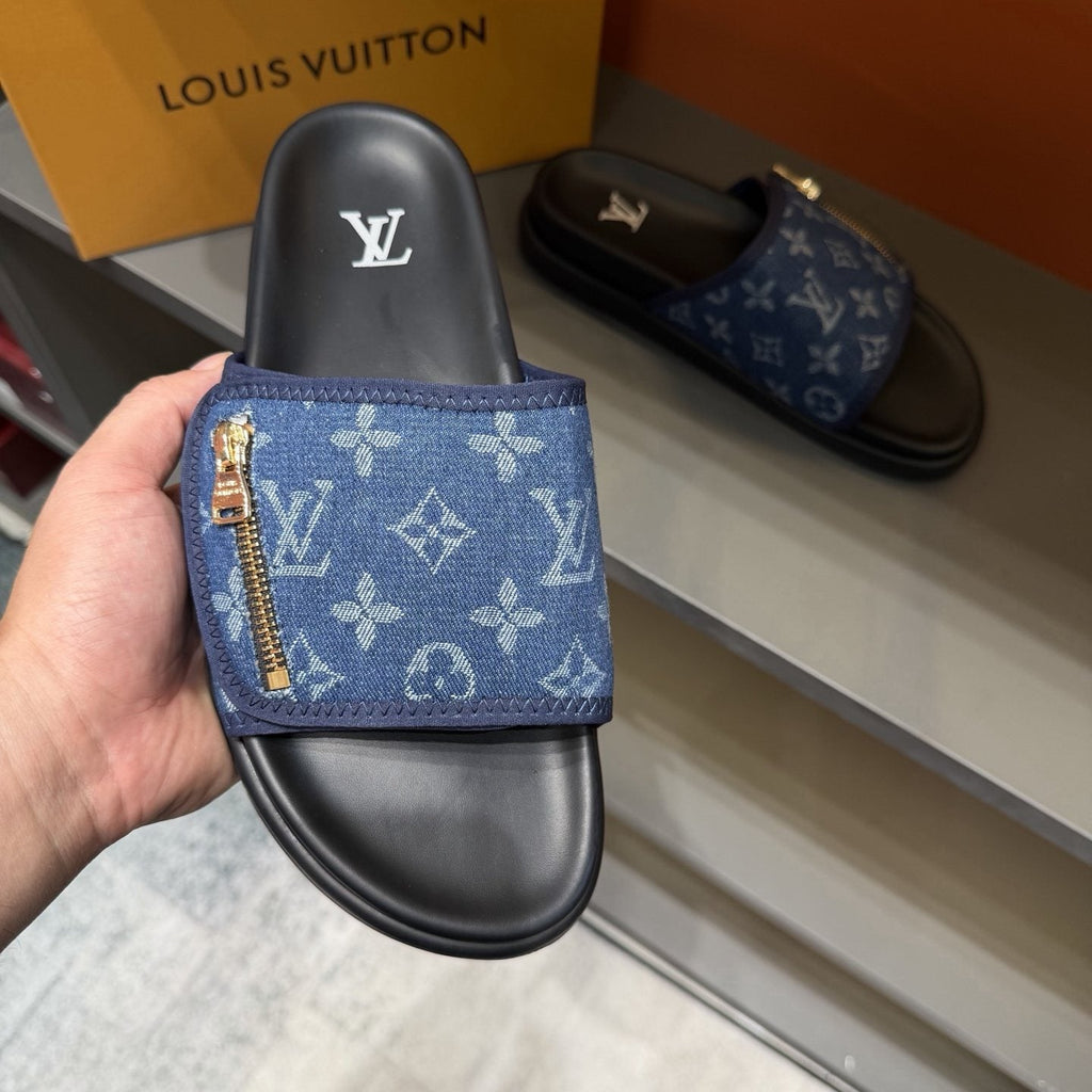 Louis Vuitton Blue Monogram Strap Slide Sandals — front