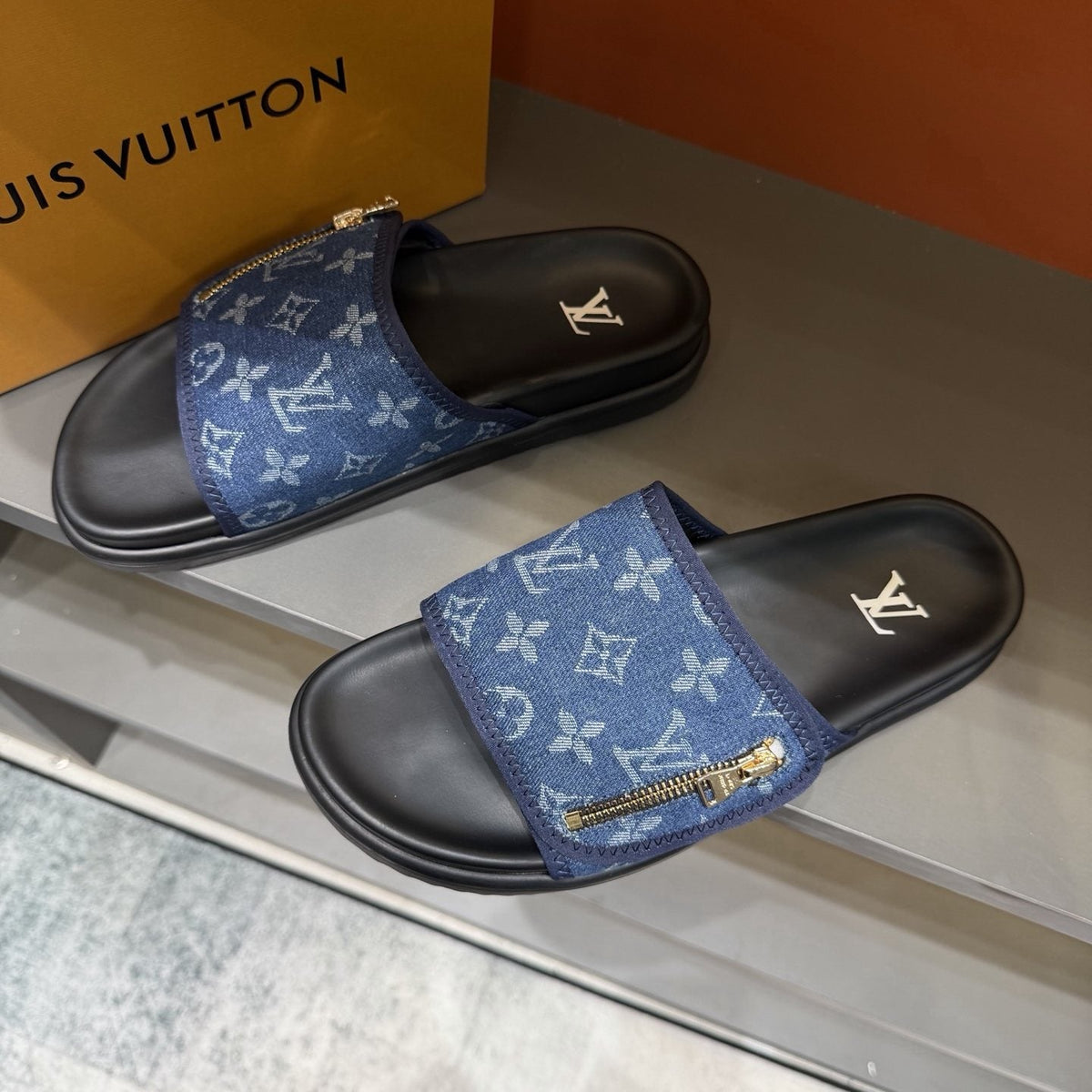 Louis Vuitton Blue Monogram Strap Slide Sandals — front