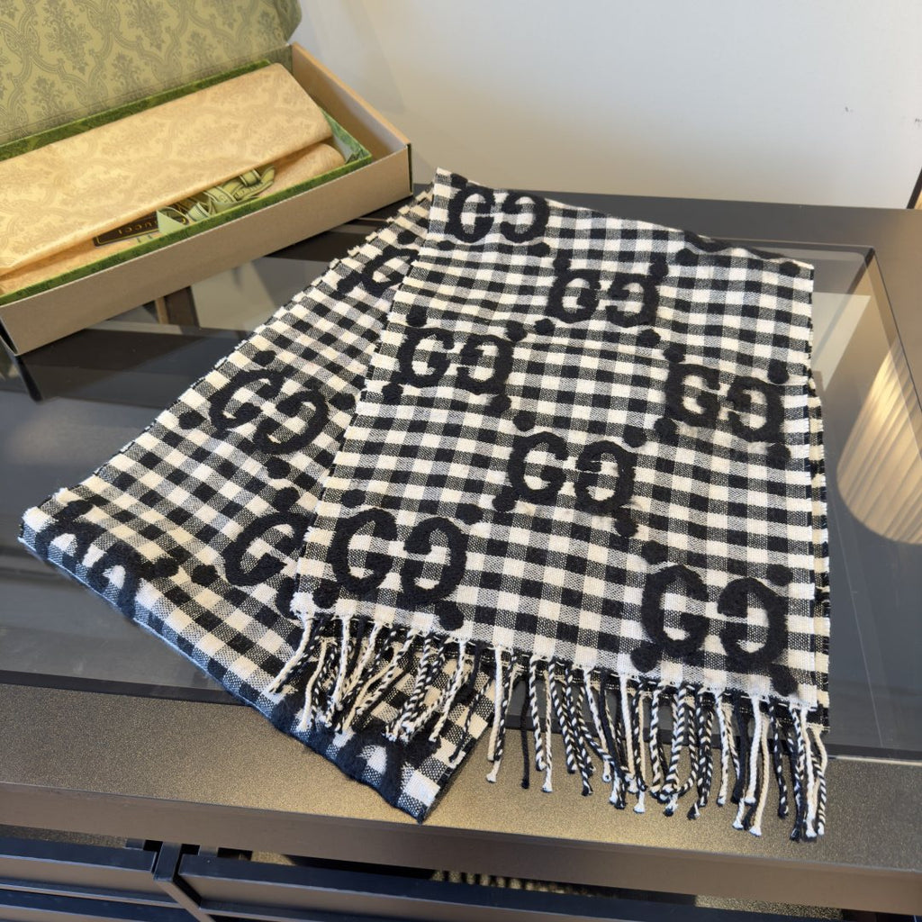Gucci Black and White Check Fringe Scarf — side