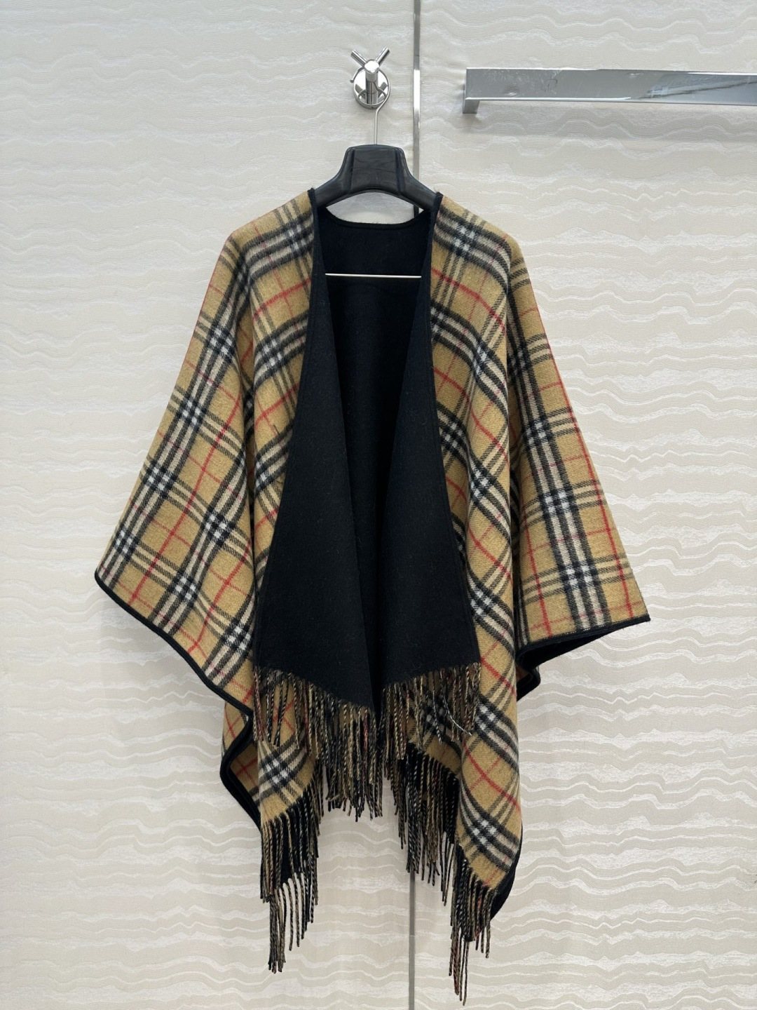 Fringed Plaid-Panel Poncho — front