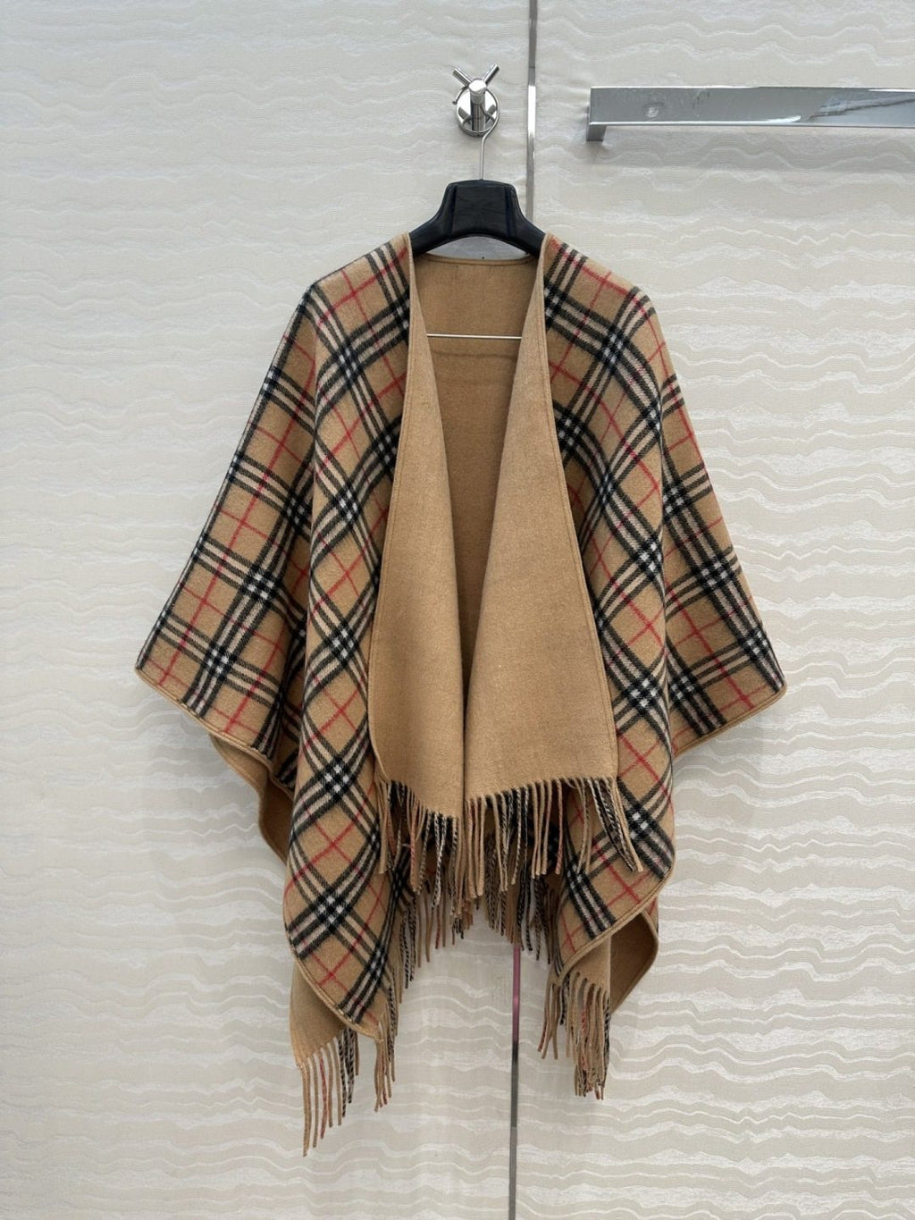 Black Reversible Plaid Fringed Poncho — front