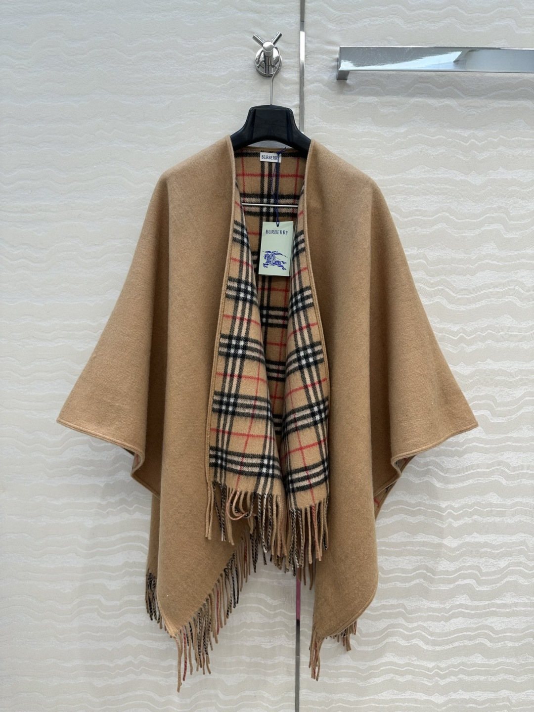 Fringed Plaid-Panel Poncho — front