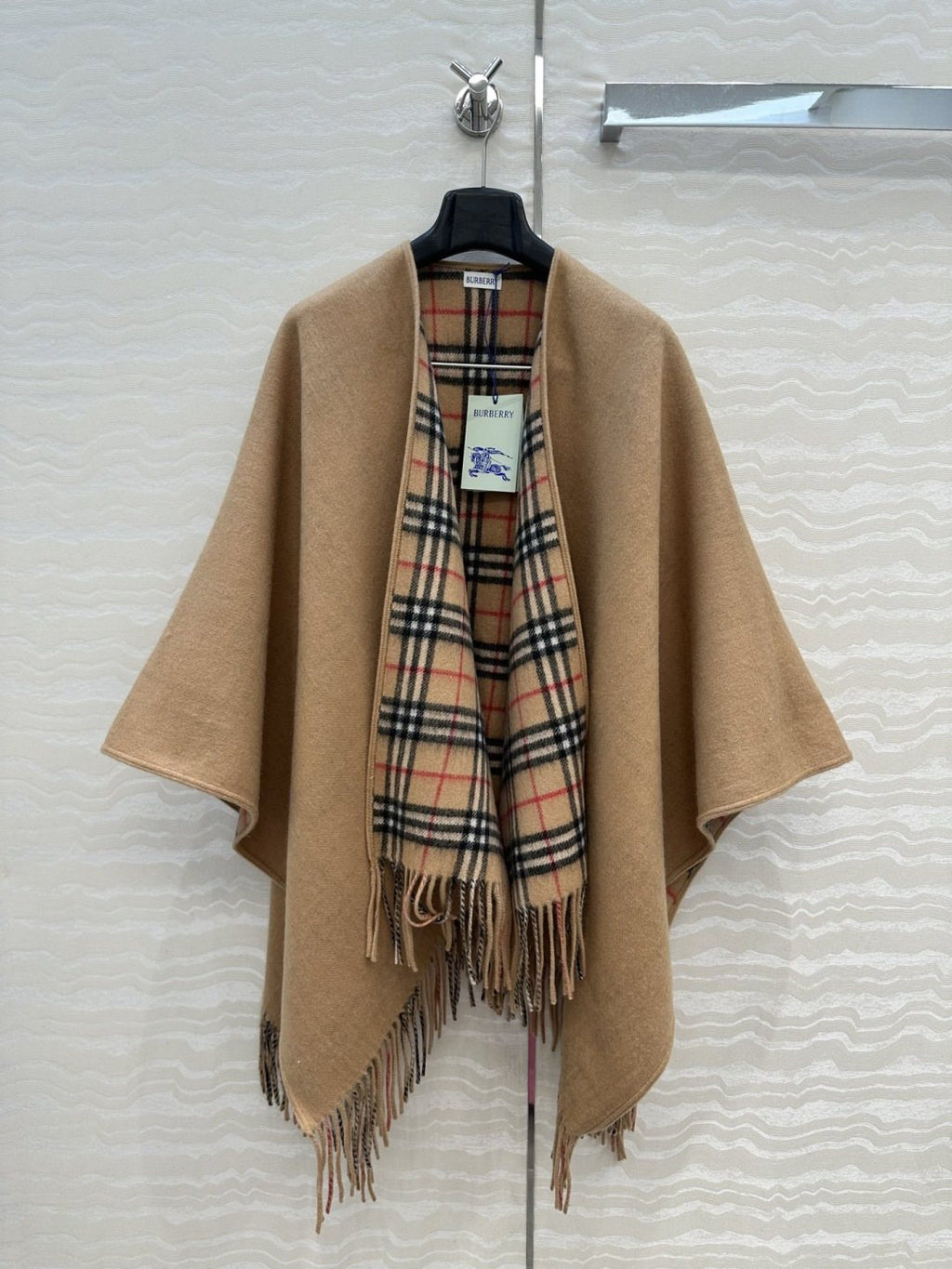 Black Reversible Plaid Fringed Poncho — front