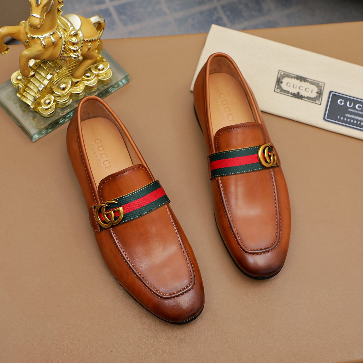 Gucci Striped-Strap Apron-Toe Loafers — model