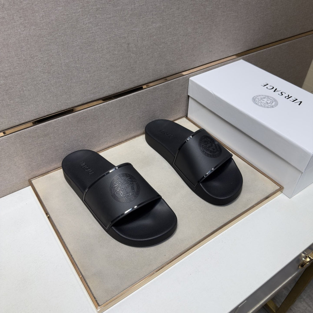 Versace Embossed Strap Slide Sandals — hero