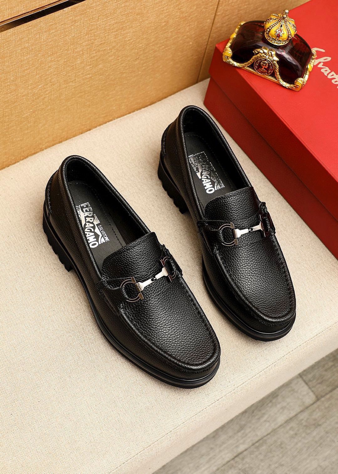Ferragamo Pebbled Leather Lug Sole Loafers — front
