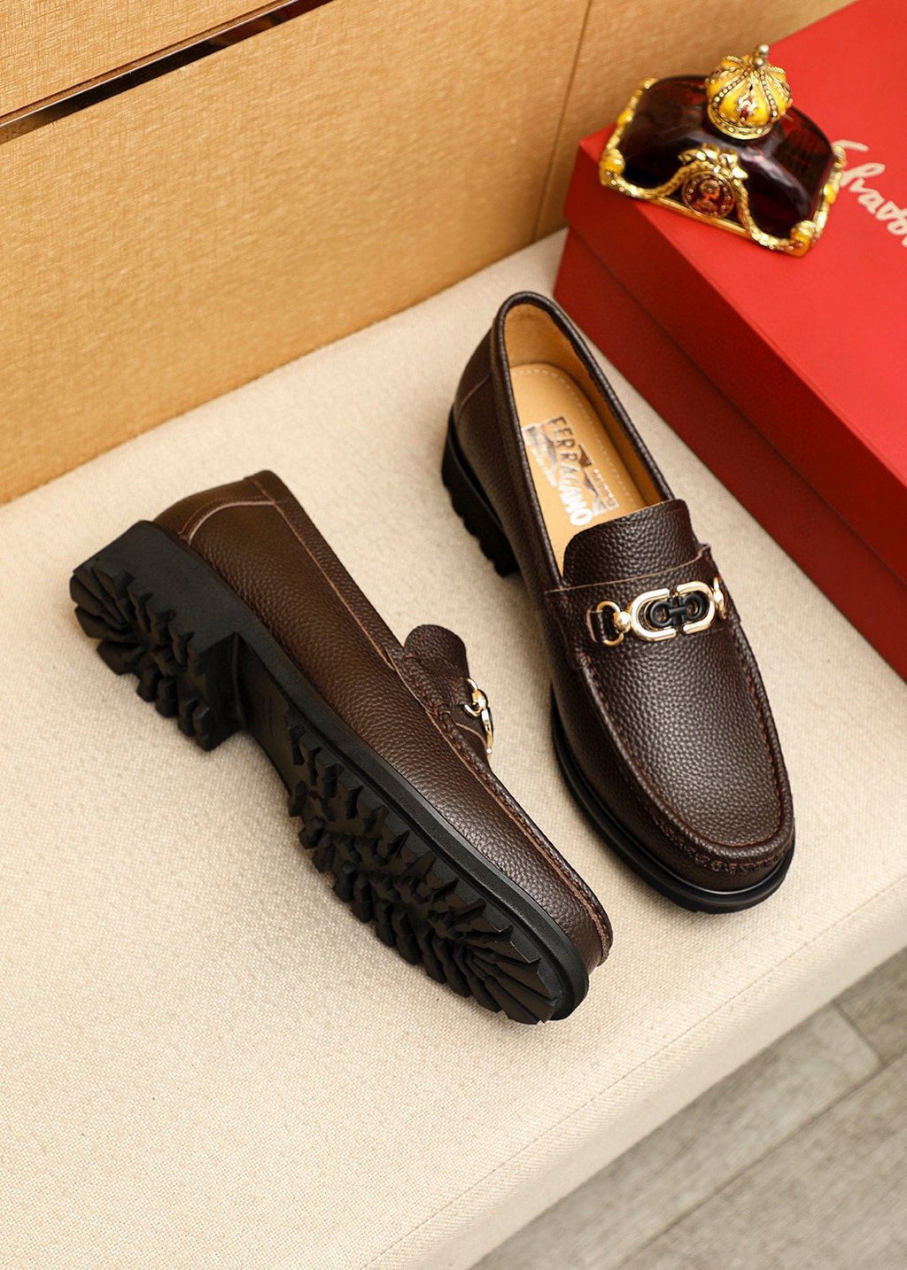 Ferragamo Pebbled Leather Lug Sole Loafers — front