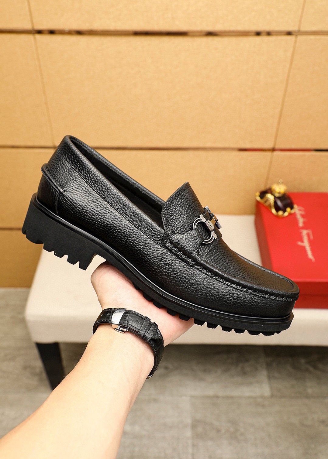Ferragamo Pebbled Leather Lug Sole Loafers — side