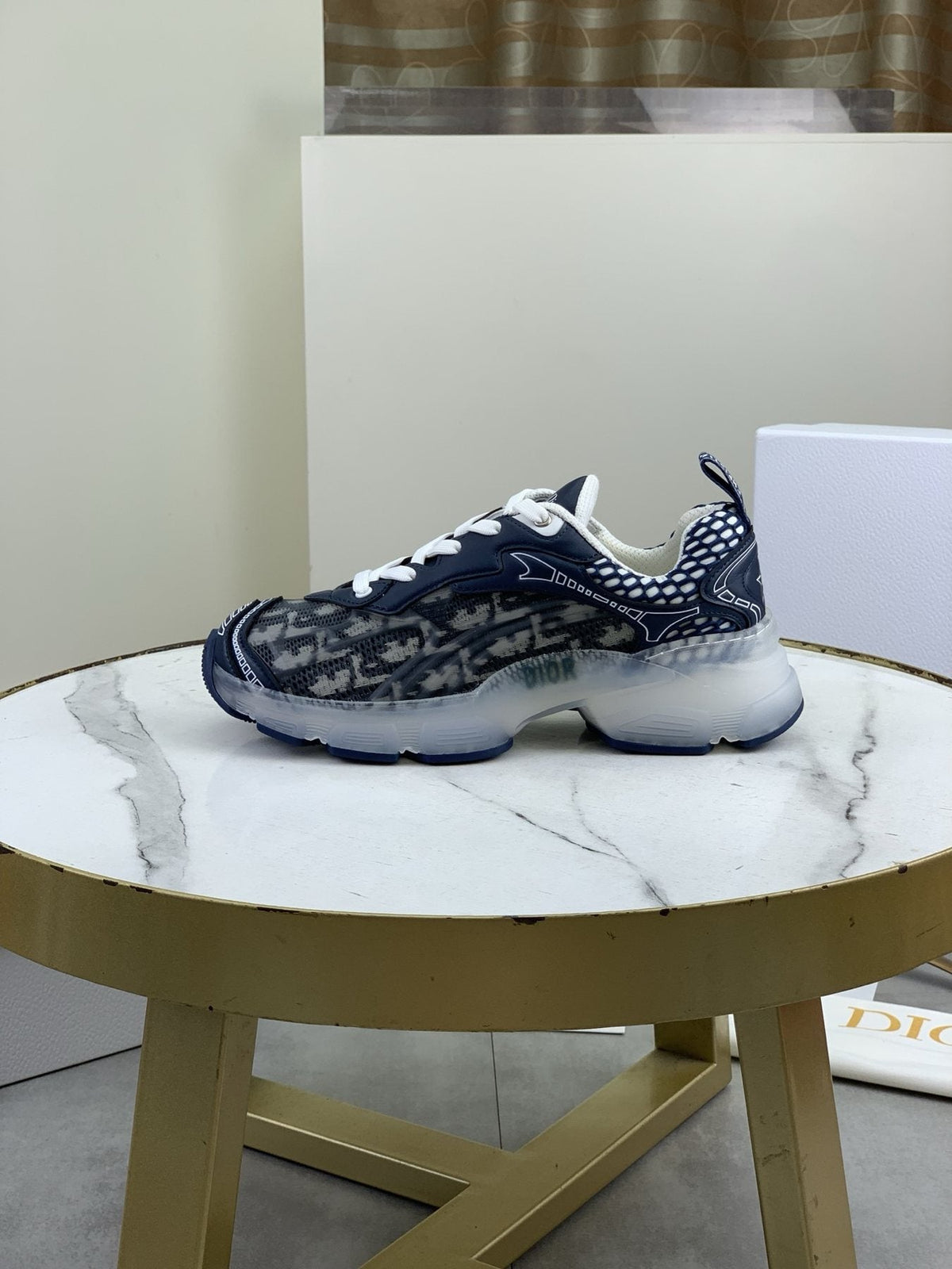 Dior Navy Patterned Low-Top Sneakers — front