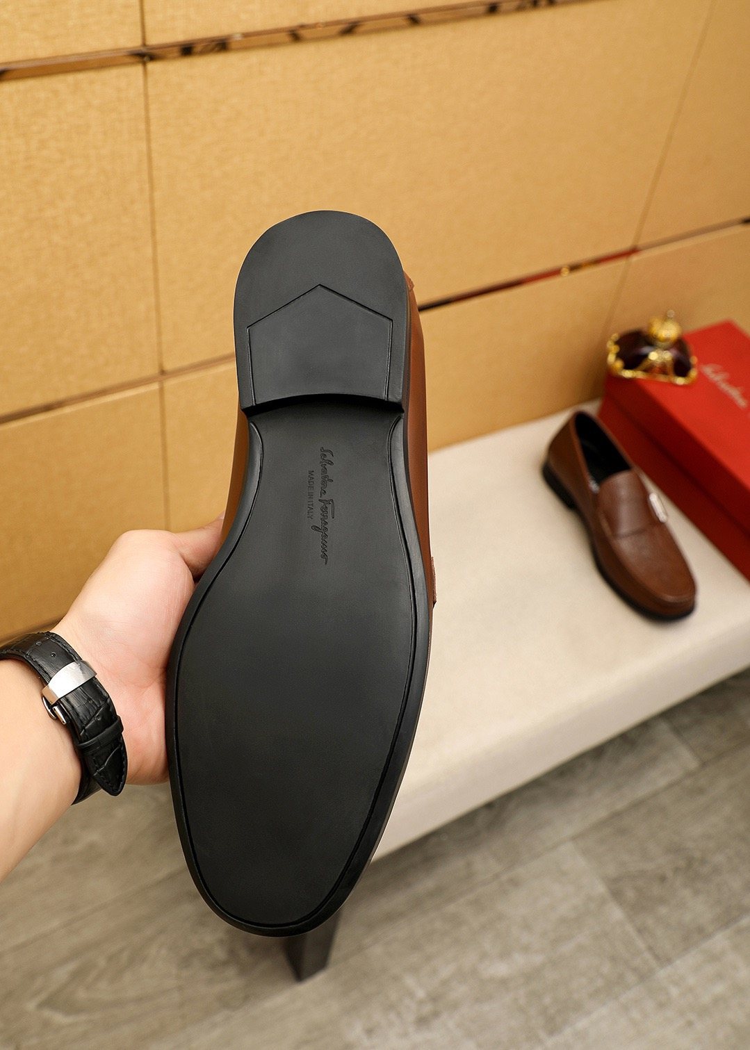 Ferragamo Embossed Buckle Loafers — detail