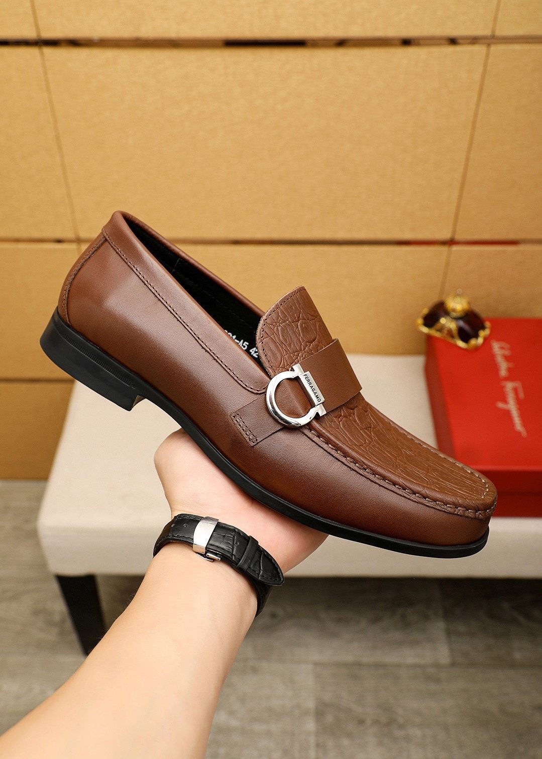 Ferragamo Embossed Buckle Loafers — model