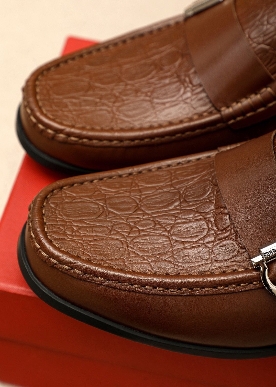 Ferragamo Embossed Buckle Loafers — detail