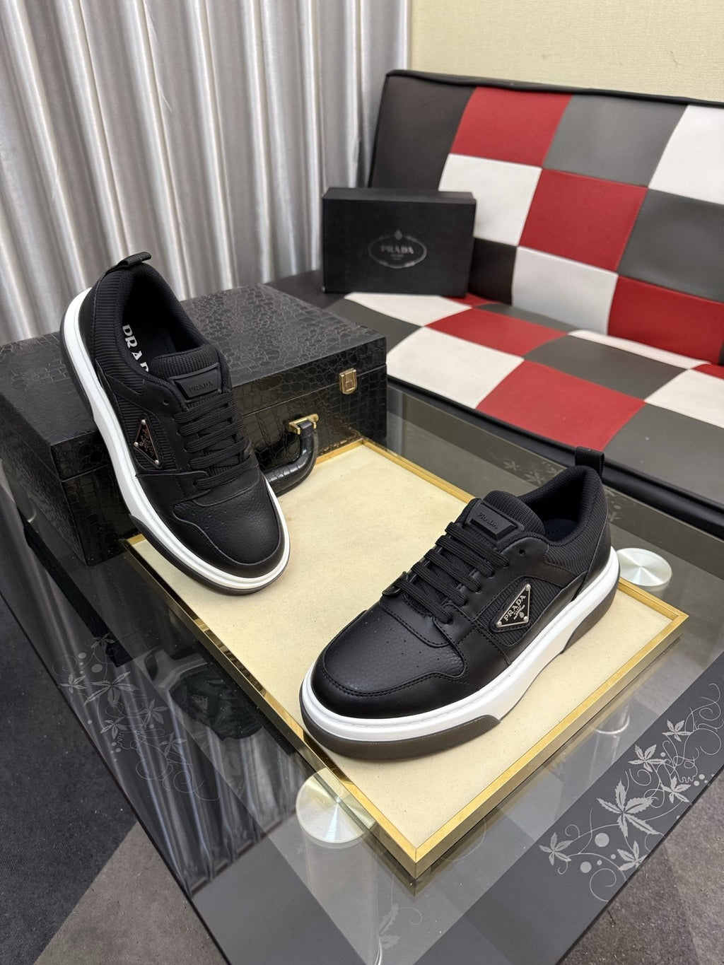 Prada Triangle Plaque Low-Top Sneakers — side