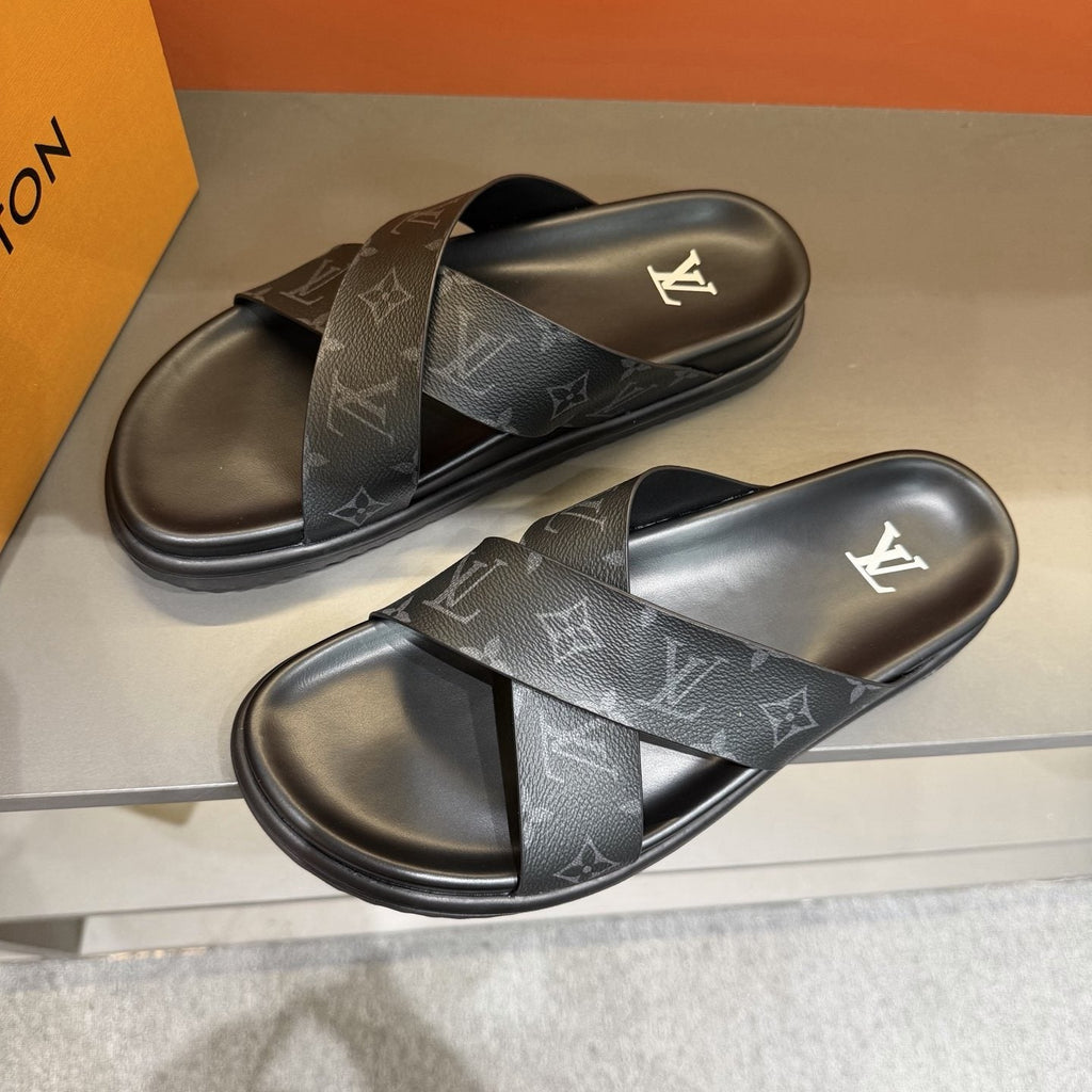 Louis Vuitton Light Gray Crossover Slide Sandals — front