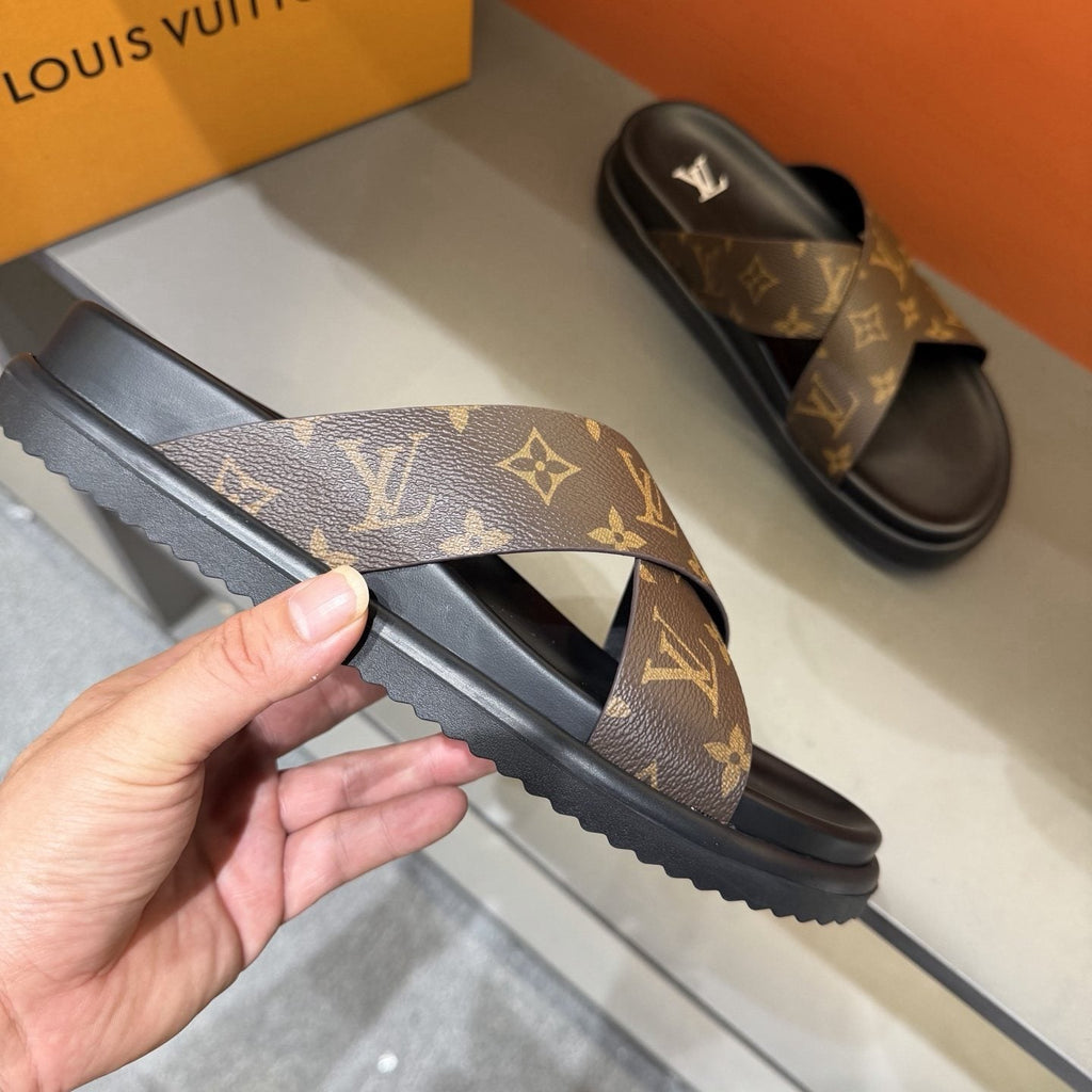 Louis Vuitton Light Gray Crossover Slide Sandals — model