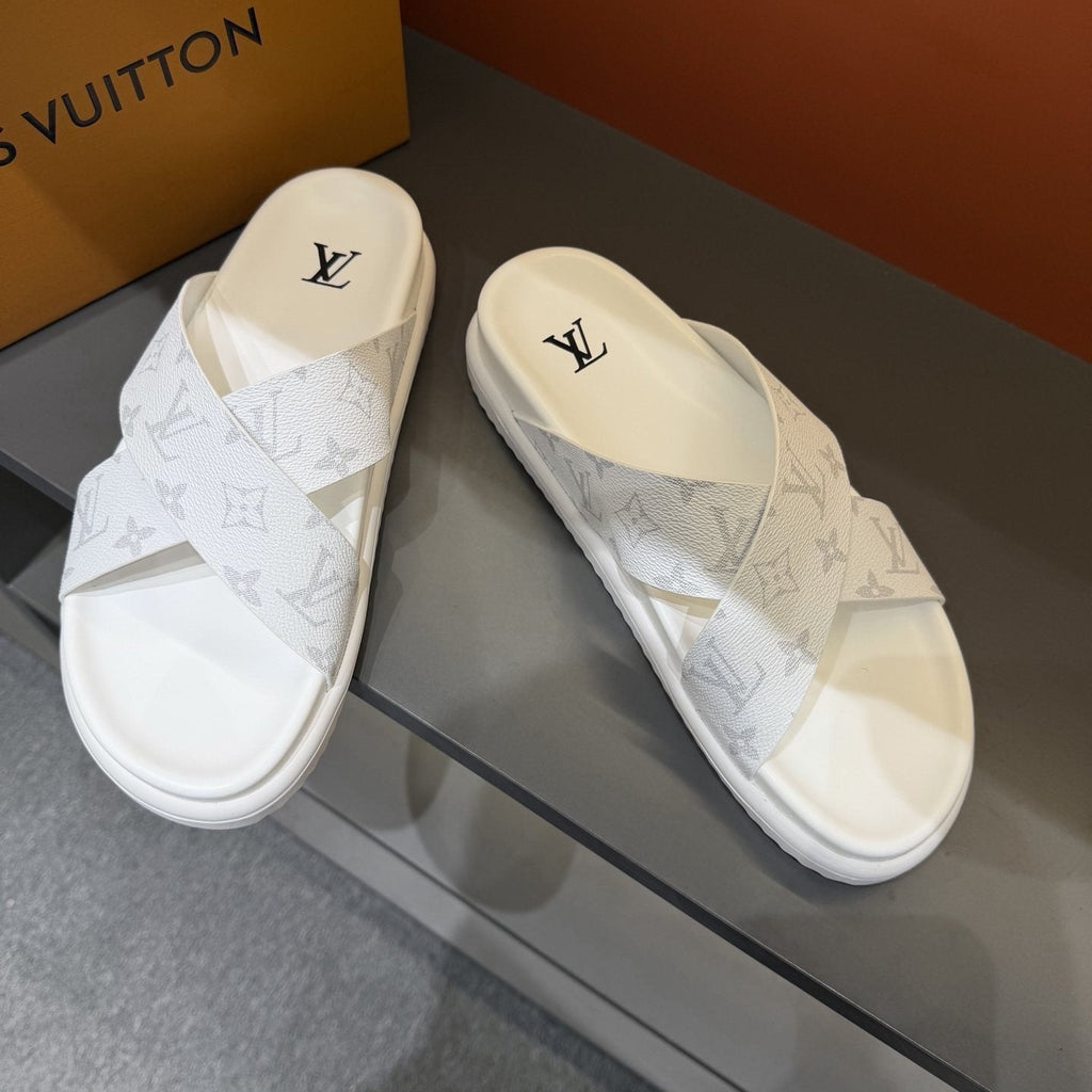 Louis Vuitton Light Gray Crossover Slide Sandals — front