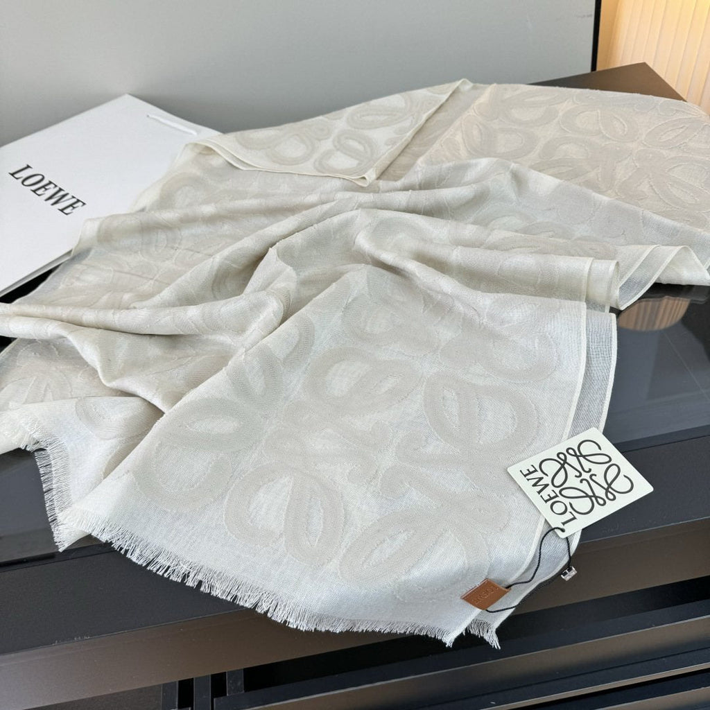 LOEWE Ivory Anagram Fringe Scarf — detail