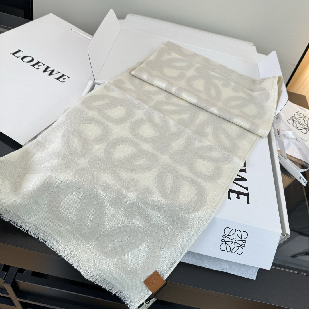 LOEWE Ivory Anagram Fringe Scarf — detail