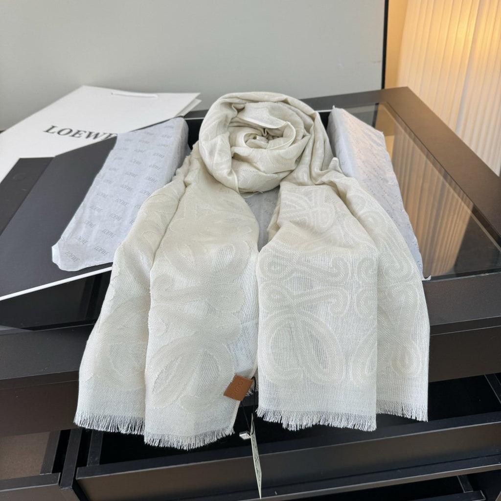 LOEWE Ivory Anagram Fringe Scarf — detail