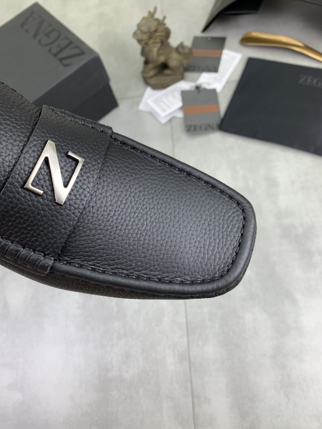 Zegna Square-Toe Leather Loafers — detail