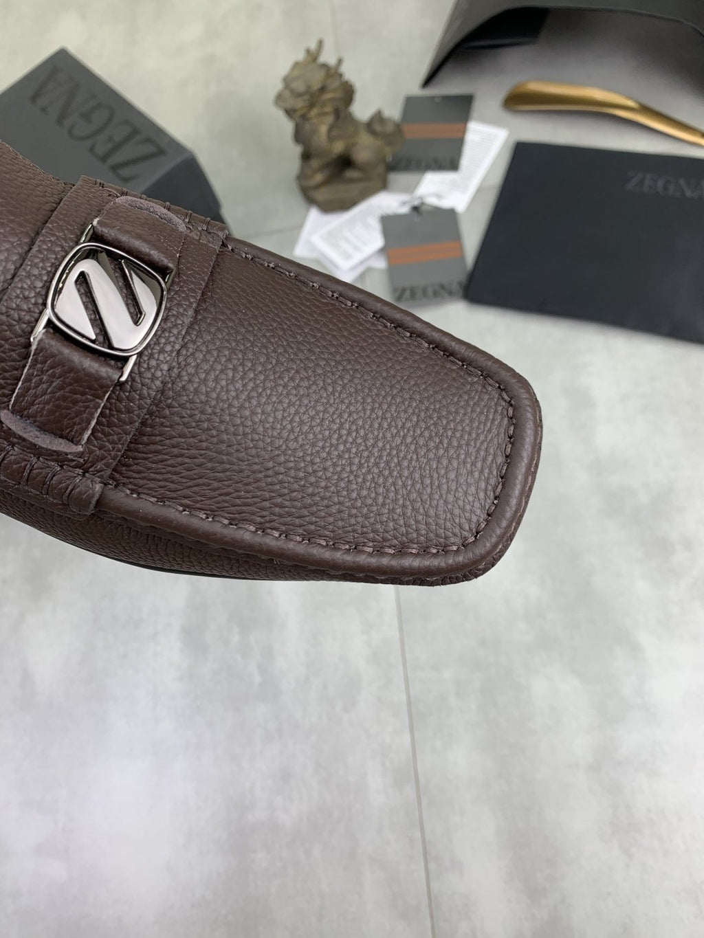 Zegna Square-Toe Leather Loafers — detail