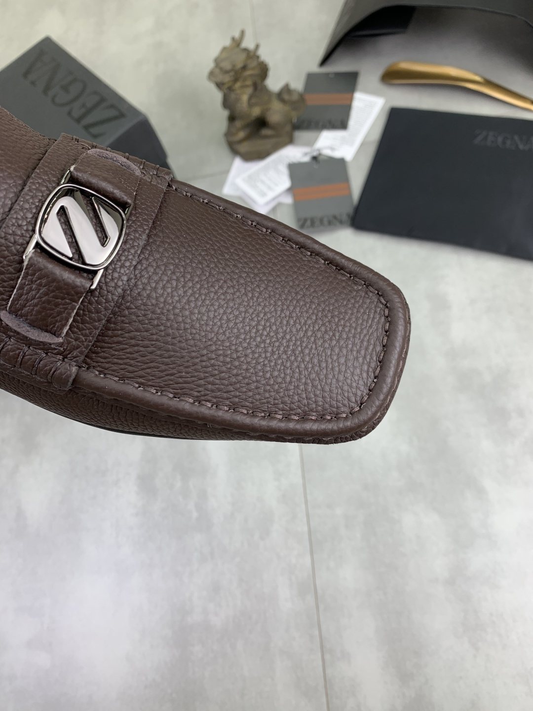 Zegna Square-Toe Leather Loafers — detail