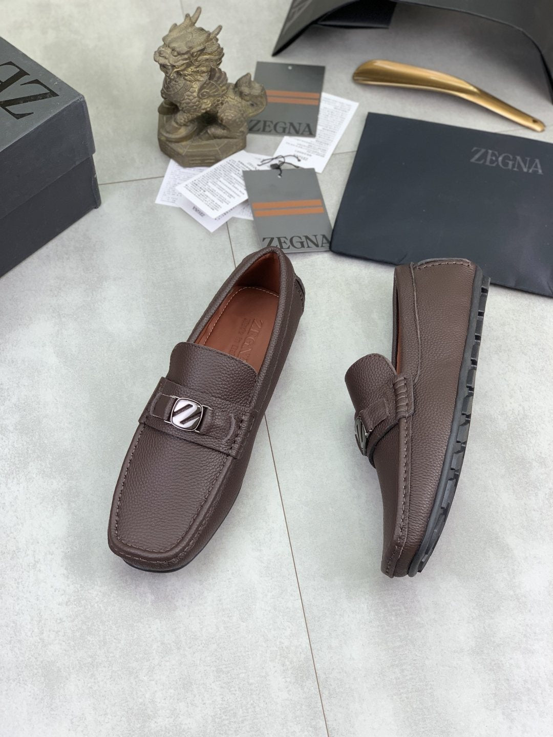 Zegna Square-Toe Leather Loafers — side